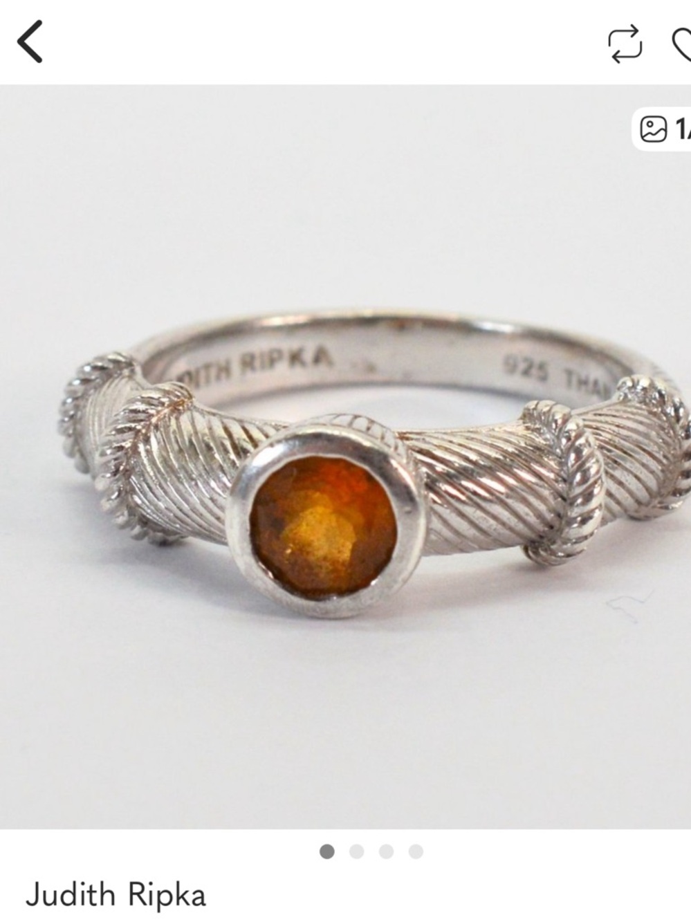 Judith Ripka Sterling Silver Ring with Citrine Stone. Size 71/4 Cable Band
